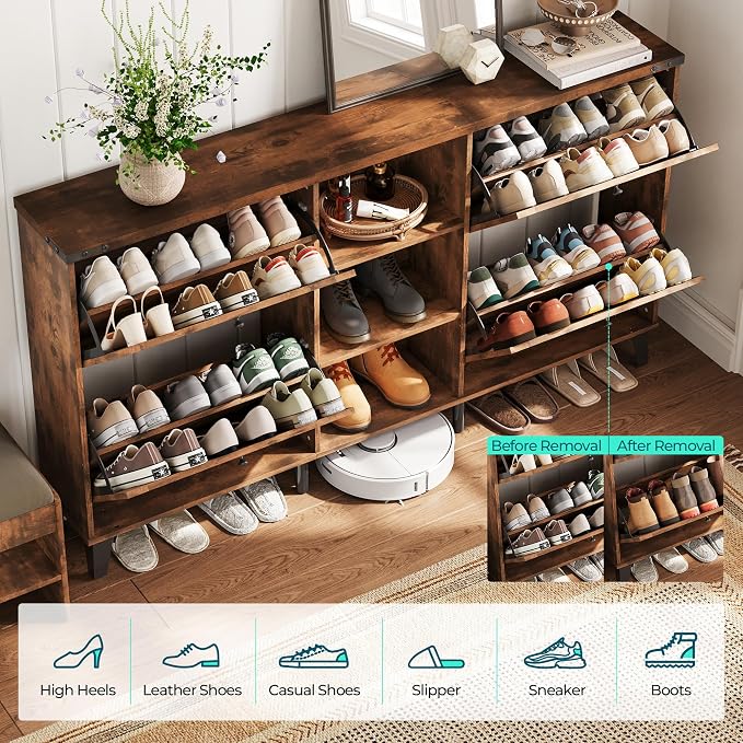 LINSY 63" Farmhouse Shoe Storage Cabinet Brown | Tall Flip-Drawer Shoe Rack for Entryway, Adjustable Shelves for Boots, Heels & Sneakers Wood Finish with Sturdy Metal Legs