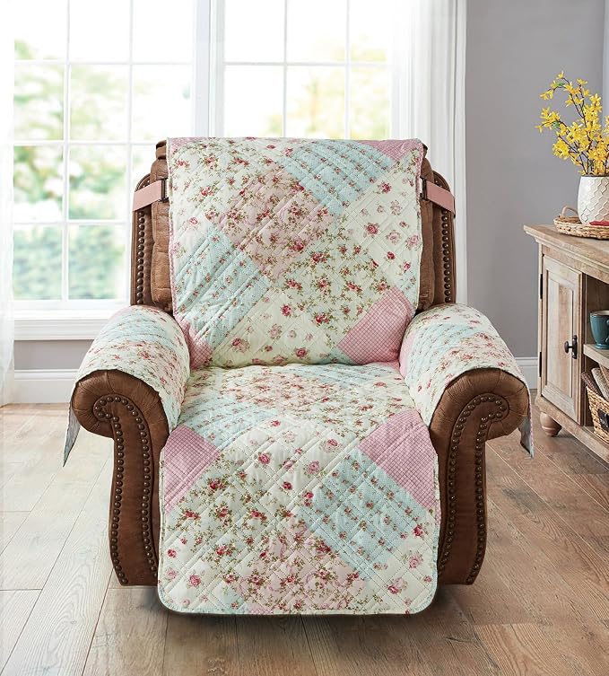 Brilliant Sunshine Pink & Green Roses Couch Recliner Cover, 28" seat | Quilted Sofa Cover, Living Room & Bedroom Furniture Protector, Large Washable Reclining Chair Slipcover for Pets, Dogs & Cats