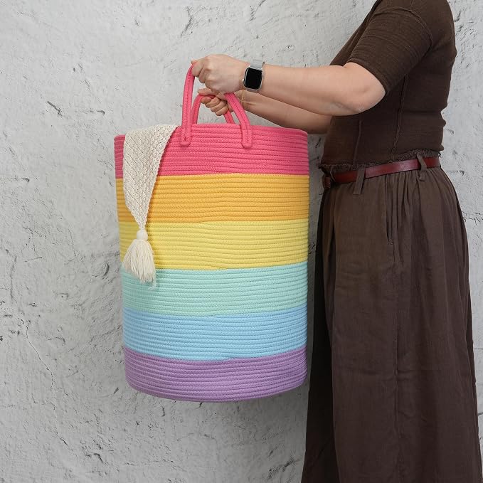 Woven Cotton Rope Laundry Basket Hamper 16" x 22" Large Rainbow | Rope storage basket for dirty clothes, toys and blankets. Perfect for bathroom, baby nursery and living room storage.
