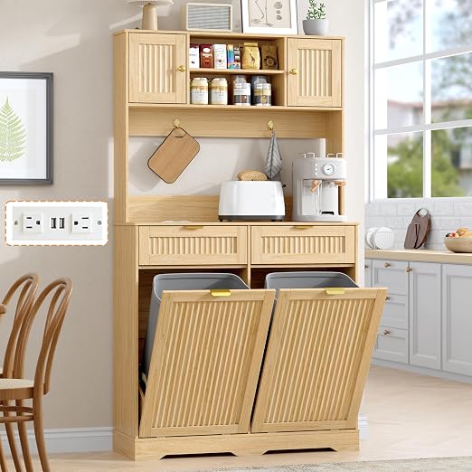 2 x 13 Gallons Double Tilt Out Trash Cabinet with Power Outlet, Natural Oak | 71" Tall Kitchen Fluted Pantry Storage Hutch Cabinet with 2 Drawers, Garbage Can Holder Cabinet with Adjustable Shelve