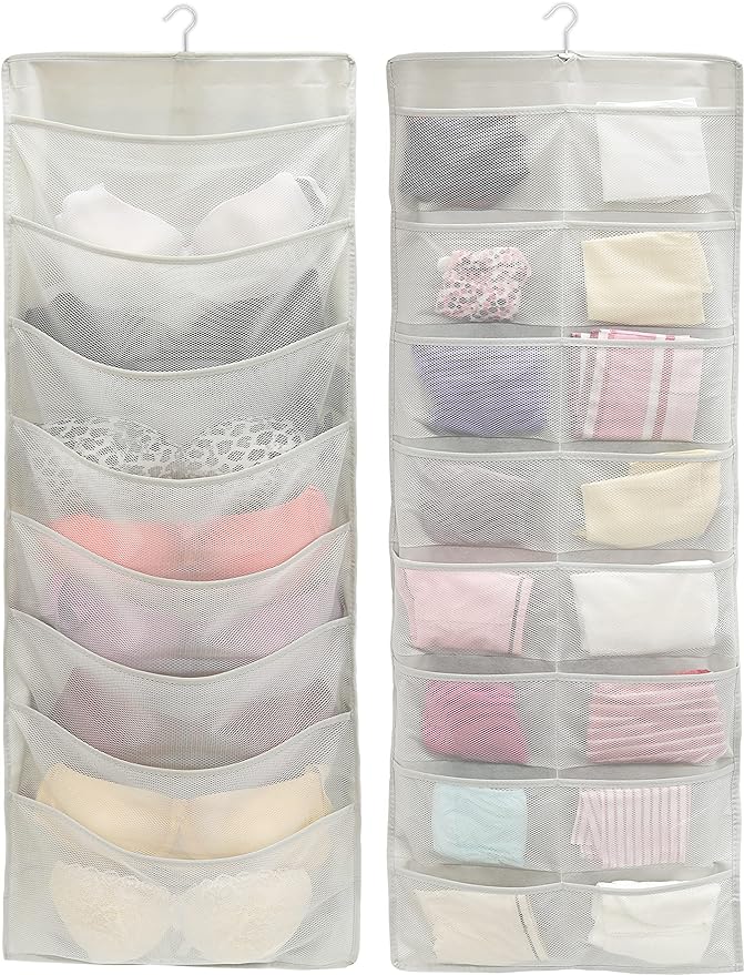 Simple Houseware 24-Pocket Double-Sided Hanging Closet Organizer | 1 Pack, for Bra & Underwear Storage with Rotating Hanger, Mesh Fabric, Gray