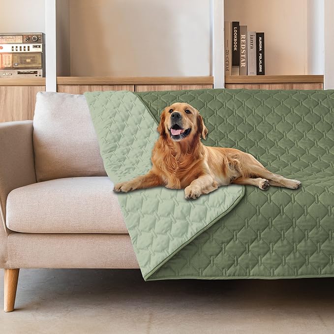 gogobunny Waterproof Dog Blankets for Large Dogs, Pet Bed Cover Breathable | Washable Pee Pads, Quilted Throw Blanket, Furniture Protector for Couch Sofa Bed Car, 82x82 Inch Dark/Light Green