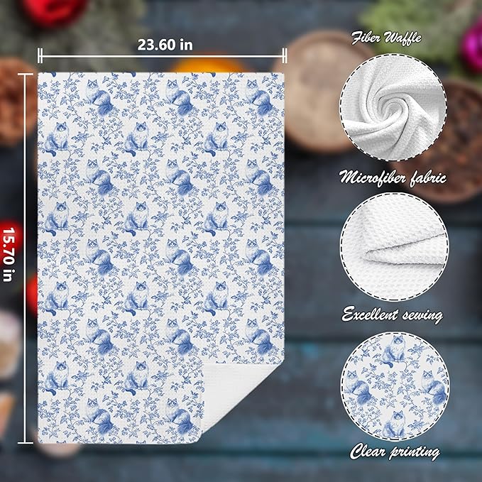 Chinoiserie Floral Ragdoll Kitchen Towels Set of 2,Blue and White Cat Decor Kitchen Dish Tea Towels Bathroom Gifts for cat Lovers Women Men,16x24 Inch