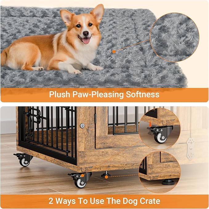 Medium Dog Crate Furniture, 32'' Heavy Duty Kennel w/Cushion & Wheels | Rustic Brown, Double Doors, Wooden Dog Cage, Chew-Resistant, End Table, Decorative, 27"/32"/38"/44" Options, Indoor