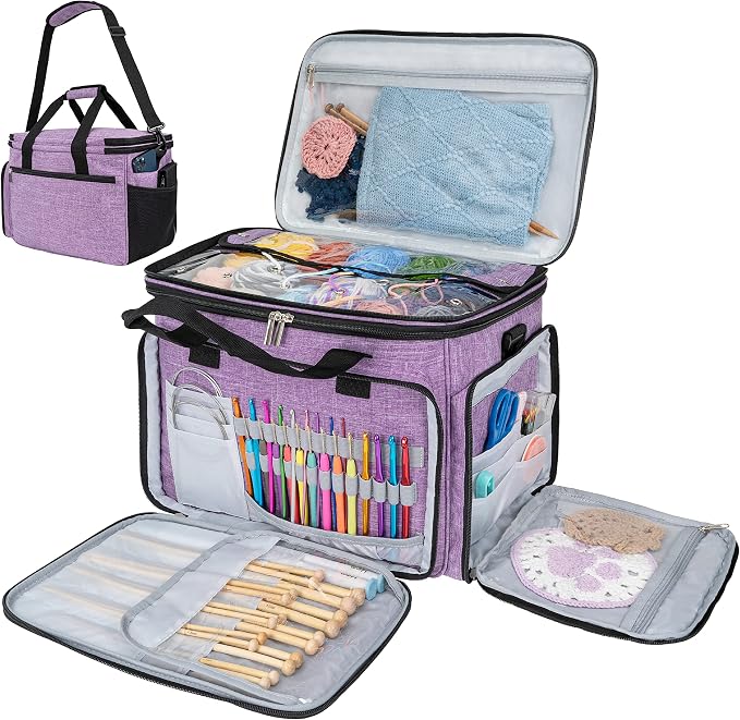 PAVILIA Knitting Bag Yarn Storage Tote - Crochet Organizer Bag, Yarn Storage Holder with Dividers for Knitting Accessories, Yarn Skiens, Needles, Hooks, Unfinished Project (Heather Gray)