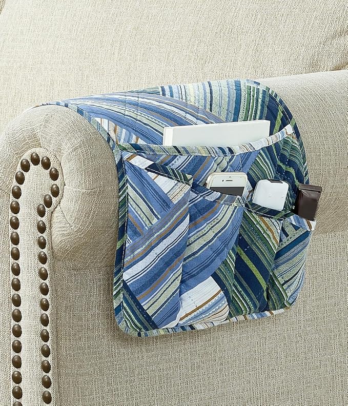 Brilliant Sunshine Teal Patchwork Couch Armrest Cover, 35"×13" | Washable Magazine Holder, Armrest Organizer & Caddy on Sofa, Recliner, Armchair, Storage for Remote Controls, Phone, iPad