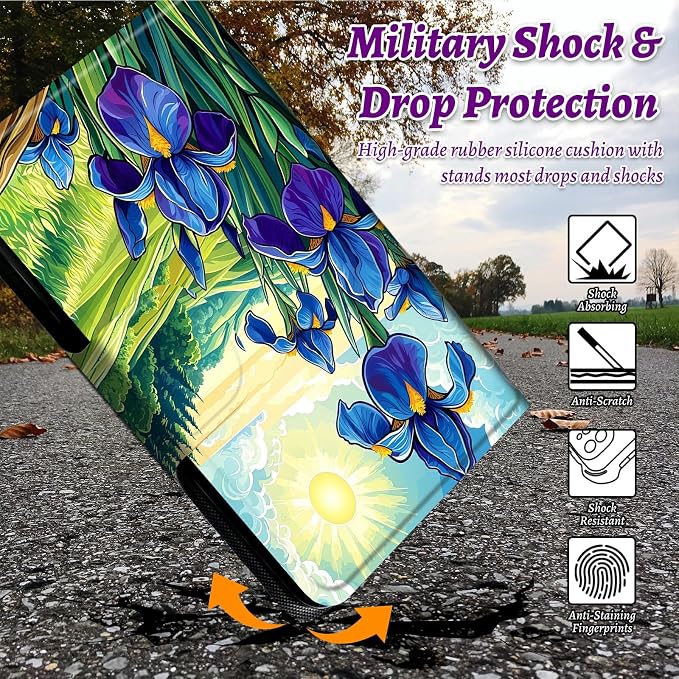 Rotating Handle Case for Samsung Tab S10 Ultra 2024/Galaxy S9 Ultra 2023 14.6", 360 Degree Swivel Kickstand with Magnetic Closure Shockproof Leather Protective Cover, Blue Flower Lawn