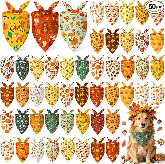 Abbylike 50 Pcs Fall Dog Bandanas Bulk Autumn Leaf Pumpkin Acorn Mushroom