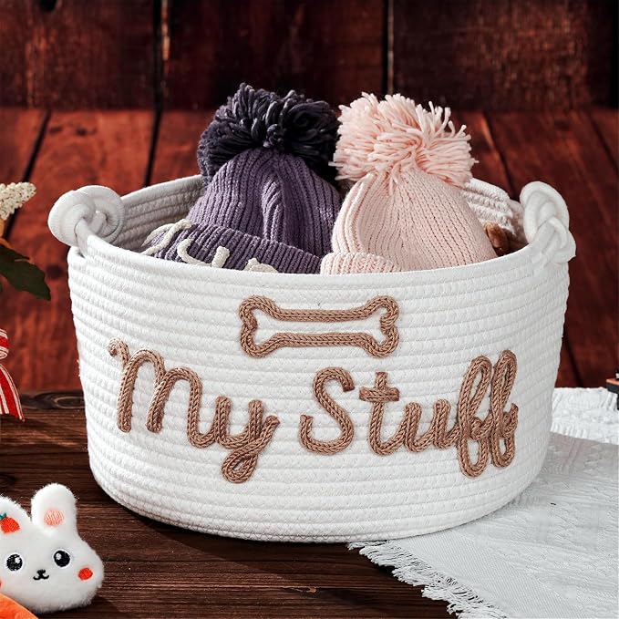 JUPPE Pet Dog Basket with Personalized Name, Dog Toys Storage Organizer Custom Cotton Rope Basket Nursery Decor (White pet basket)