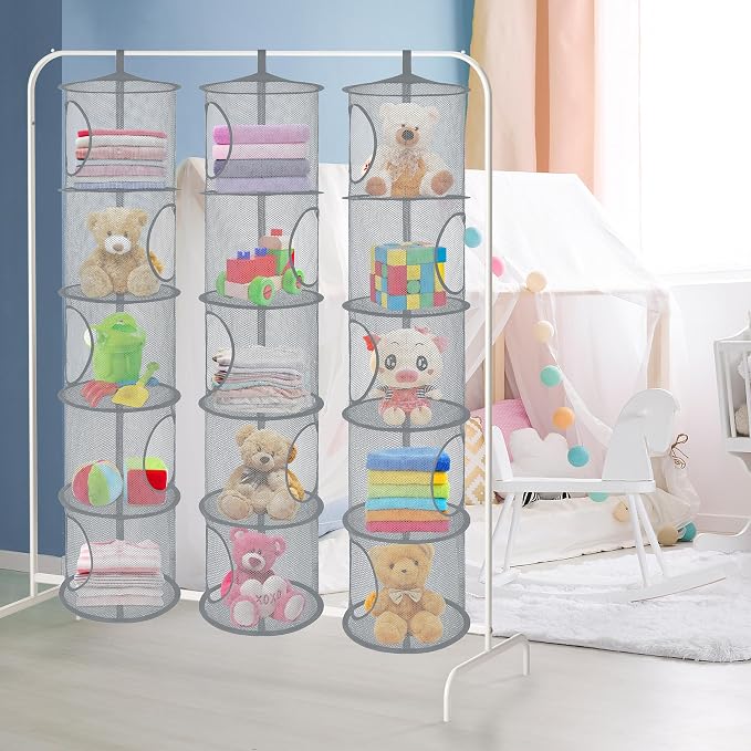 3Pcs Hanging Stuffed Animal Storage Hammock Net 5 Tiers, Grey | Hanging Mesh Storage Organizer for Kids Room, Holds Plushies, Gloves, Hats, Socks, Foldable Space-saving Design