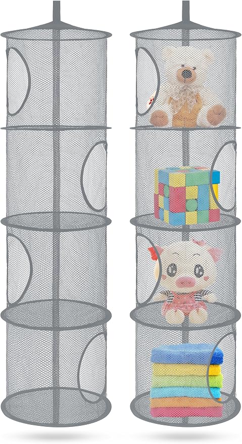 2Pcs Hanging Stuffed Animal Storage Hammock Net 4 Tiers, Grey | Hanging Mesh Storage Organizer for Kids Room, Holds Plushies, Gloves, Hats, Socks, Foldable Space-saving Design