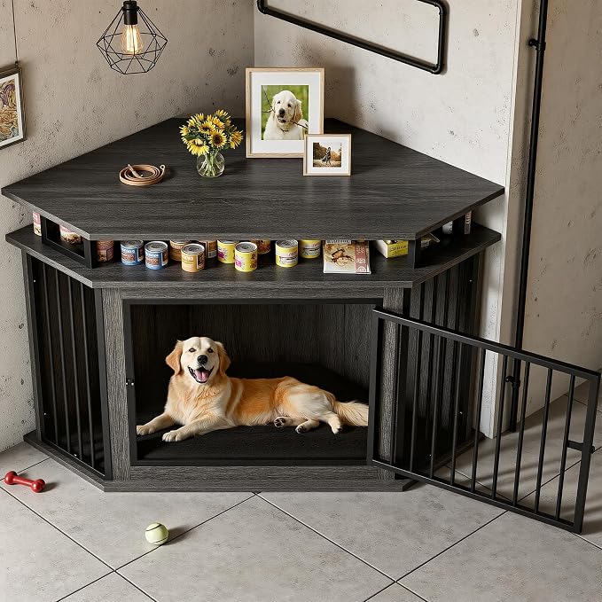 IRONCK 51" Large Corner Dog Crate Furniture with 2-Tier Storage Shelves | 10mm thickened iron frame. 2-tier shelves and 200 lb top. Space-saving corner design. 26.7" L x 51.2" W x 33.5" H. Gray