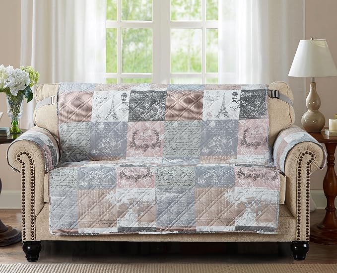 Brilliant Sunshine Latte Grey Paris & Toile Loveseat Cover, 54" seat | Quilted Sofa Cover, Living Room & Bedroom Furniture Protector, Large Washable Love Seat Slipcover for Pets, Dogs & Cats