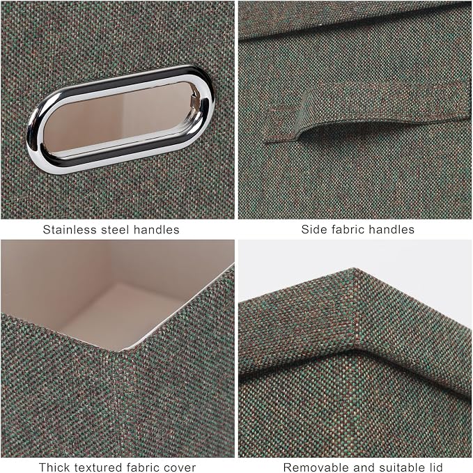 Storage Bins with Lids Fabric Closet Organizers Cubes Office Organization | 36 Quart 3 Pack Dark Green Collapsible Stackable Linen Fabric 4 Handles Bedroom Closet Cabinet Under Bed Clothes Toy Office