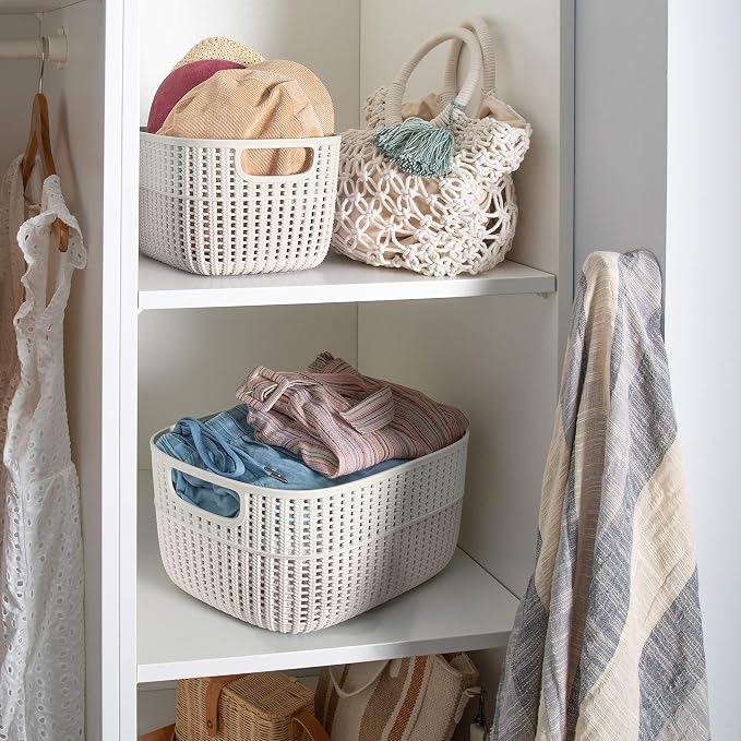 Simplify 4 Pack 2 Tone Sailor Knot Plastic Storage Tote | Decorative Basket | Closet Organization | De-clutter | Accessories | Toys | Bathroom Organization | Large | Ivory