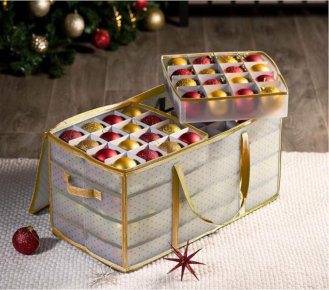 ZOBER Christmas Ornament Storage Box Plastic - Stores 128 3" Ornaments with Individual Trays - Ornament Organizer Storage Box, Durable Christmas Containers Holder - Gold