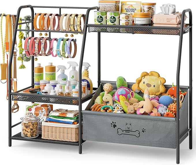 Lomivra Large Dog Toy Basket with Dog Storage Organizer, Trapezoid Toy Bin Box with Collar Leash Holder Hook, Dogs Toy Holder Chest Pet Storage Cabinet for Living Room Dogs Essentials