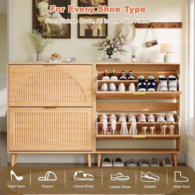Shoe Storage Cabinet with 2 Flip Drawers, Narrow Wood Shoe Organizer Cabinet with Fluted Panel, Slim Shoe Rack for Entryway, Freestanding Shoe Cabinet for Living Room, Hallway, Wood Color