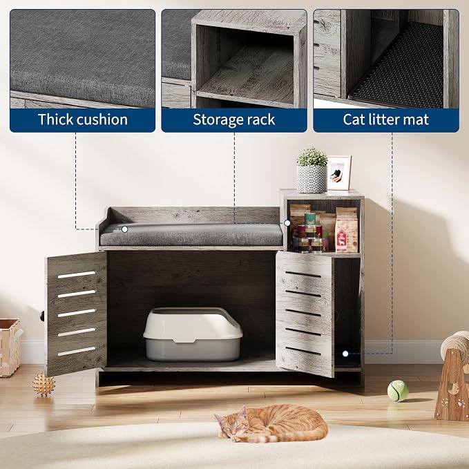 Cat Litter Box Enclosures, Large Hidden Cat Litter Box Furniture with Double Door, Wooden End Table Litter Box Cabinet with Storage Shelf, Cushion & Litter Mat, Dog Proof Design, Modern Cat House