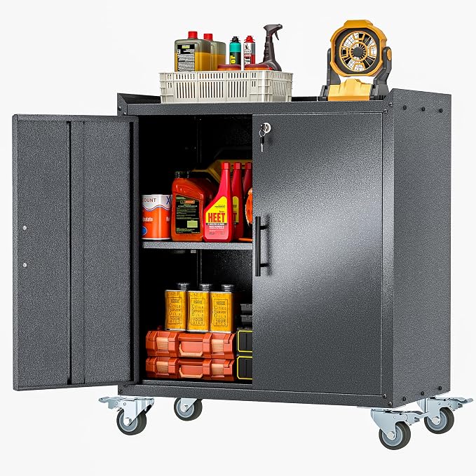 GAIOUS 35.6'' Tall Metal Garage Storage Cabinet with Wheels,Rolling File Cabinet with Lock and Adjustable Shelves,Outdoor Steel Tool Cabinet for Home,Office,Garage,Black