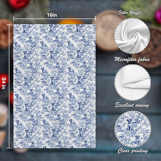 Chinoiserie Boxer Dog Decor Kitchen Towels, Blue and White Botanical Grandmillennial Boxer Dog Gifts Decorative for Kitchen Bathroom Decor, 16x24 Inch