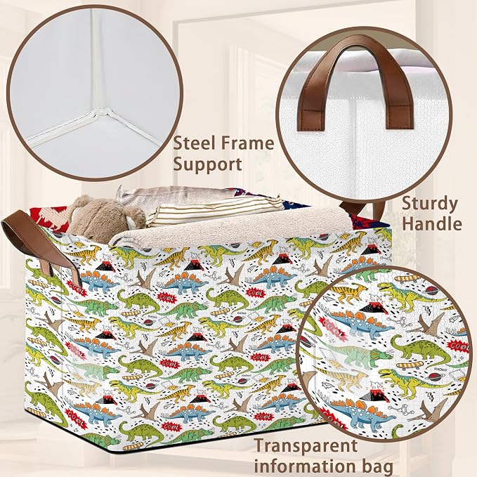 Dinosaur Pattern Collapsible Storage Box - 17x11.5x10.5 Inch Foldable Organizer for Nursery, Playroom Decor,Toy Storage - No Lid Single Pack Organizer Bin