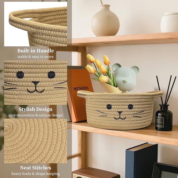 Small Cat Toy Basket, Gift Baskets Empty for Baby Shower,9.8" x 4" | Boo basket Cute Woven Rope Storage Basket for Home Decor, Baby Baskets for Nursery, Cat Pet toy box, Jute