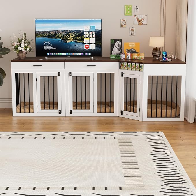 PAKASEPT 3 in 1 Extra Large Corner Dog Crate Furniture for 3 Dogs,Wooden Dog Crate Kennel with 2 Drawers,Divider,Power Outlet,Heavy Duty Double Dog Kennel TV Stand Indoor for Small,Medium,Large Dogs