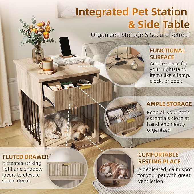 Dog Crate End Table w/Charging Station, Glass Door, Storage Drawer | Smart 3-in-1 design with built-in power hub.hideaway tempered glass door & deep drawer.Sturdy MDF build for small dogs.