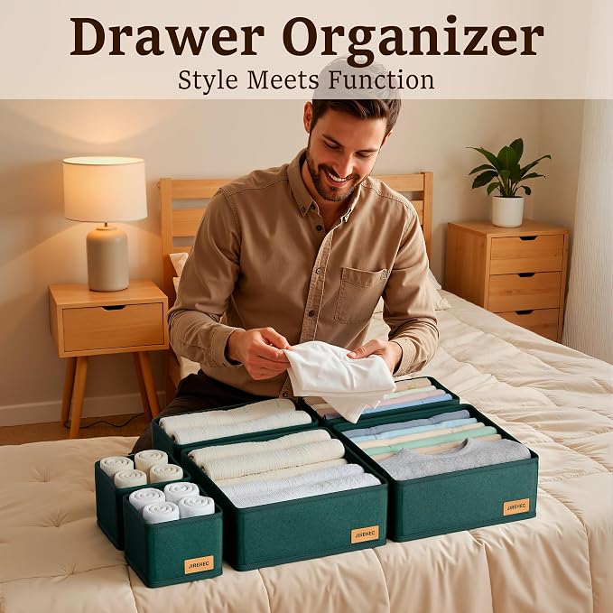 Dresser Drawer Organizer Clothes, 6 Pack Foldable Storage Boxes with Zipper, 600D Fabric, Green, Drawer Dividers for Underwear, Socks, Baby Clothes