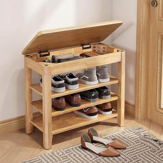 IUNVR Shoe Rack Bench Seat Rubberwood 3-Tier Wooden Storage Bench 550lbs Compact Mid-Century Modern Design for Entryway, Hallway, Closet, Front Door Entrance, Foyer