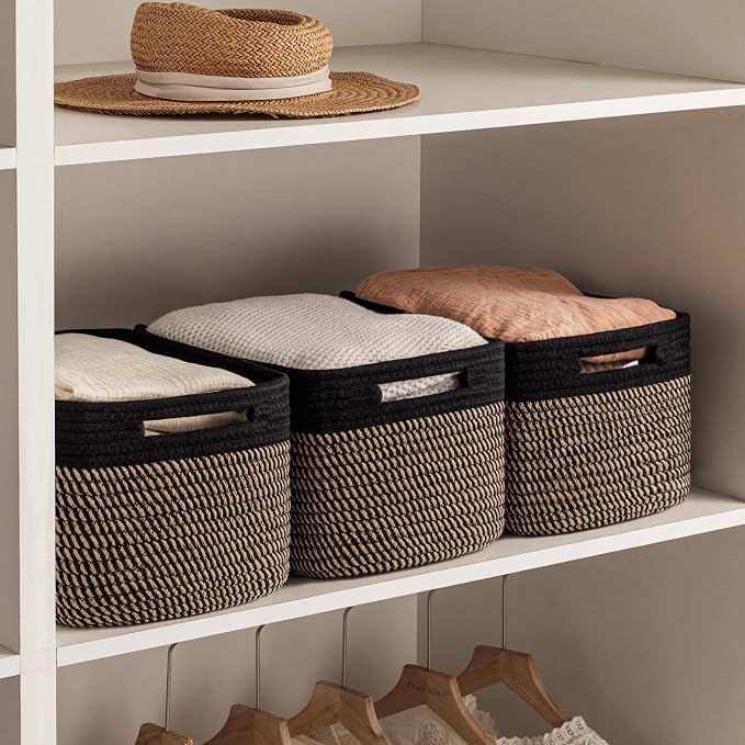 4 Pack Storage Baskets for Organizing, Woven Baskets for Shelves, Black&Brown