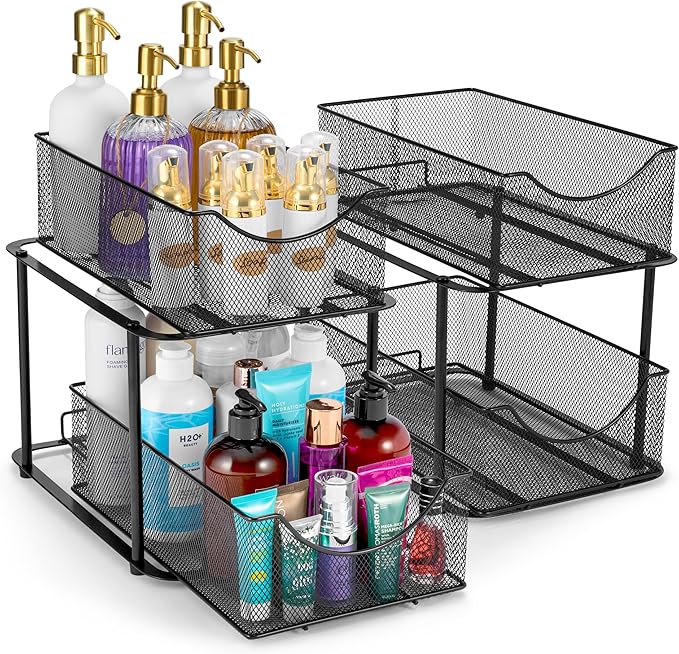 Sorbus Pull-Out Under Sink Organizer, Mesh Construction (Black, 2 Pack) | Two-tier metal organization with strong steel and sliding drawers for bathrooms, kitchens, cabinets, closets and pantries.
