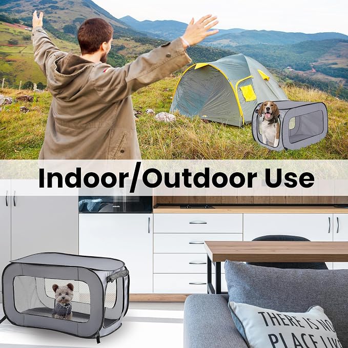 Portable Collapsible Pop Up Kennel, 40" L x 27" W x 27" H, Gray | Collapsible indoor/outdoor travel cat and dog crate with mesh screen windows pops up and folds flat for easy storage