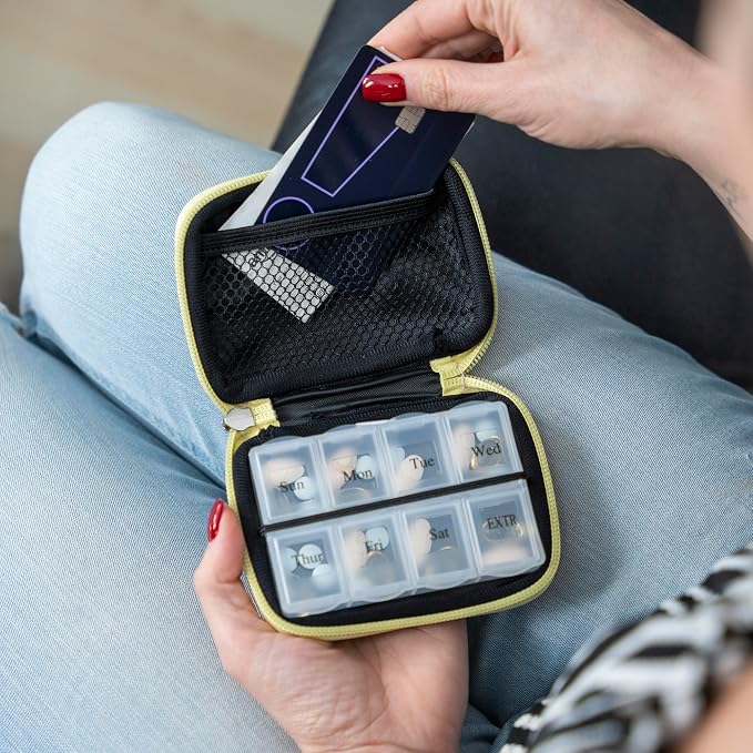 Made Easy Kit Pill Case - Weekly Medicine Organizer with Removable Seven-Day Vitamin & Supplement Box - Premium Neoprene for Travel Purse Accessory (Yellow Music Lover)