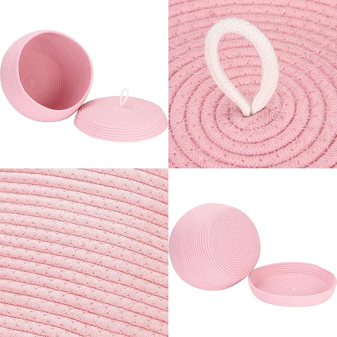 Sea Team Round Woven Cotton Rope Storage Basket with Lid, Pink | Lidded Knitted Decorative Storage Bin, Pot, Caddy, Organizer, Container for Snacks, Towels, Plants, 13 x 9 Inches