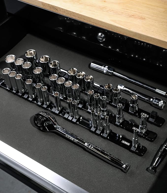 ARES 70087 3-Pc 1/4,3/8,1/2-In Socket Rail | Part No. 70087; 1/4-Inch, 3/8-Inch, and 1/2-Inch Drive Rails Hold 48 Sockets and Keep Your Tool Box