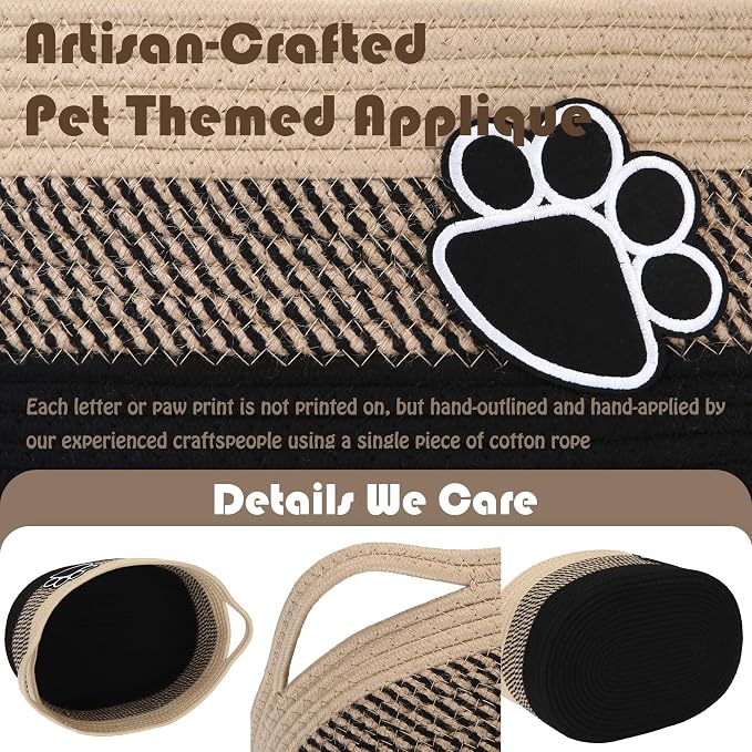 Sea Team Pet Toy Basket with Handles for Cats and Dogs, Flaxen Paw | Large Cotton Rope Storage Bin, Shelf Basket, Organizer for Pet Chew Toys, Foods, 16.5 x 11 x 7 Inches, 4.4 Gallons