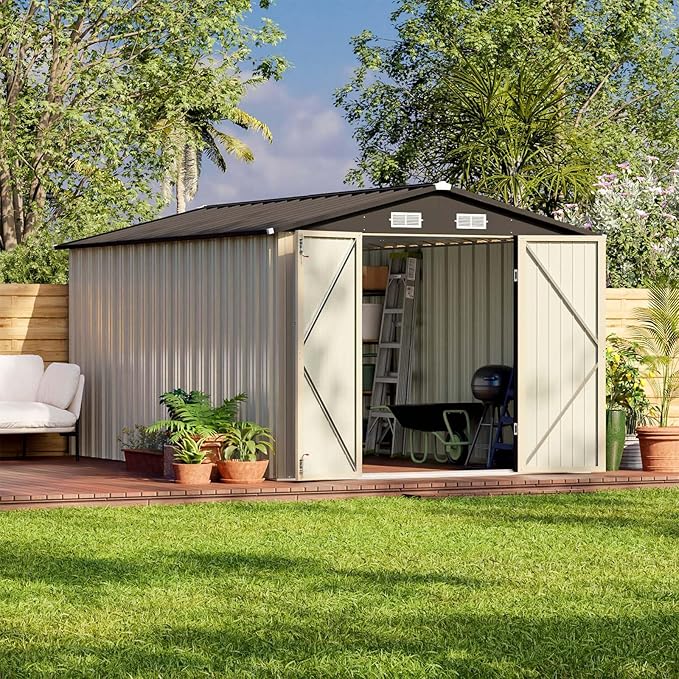 Patiowell 8x12 FT Outdoor Storage Shed, Brown | Steel Shed Storage House, Lockable Doors Design, Utility and Tool Storage, Garden, Patio, Backyard, Outside Use