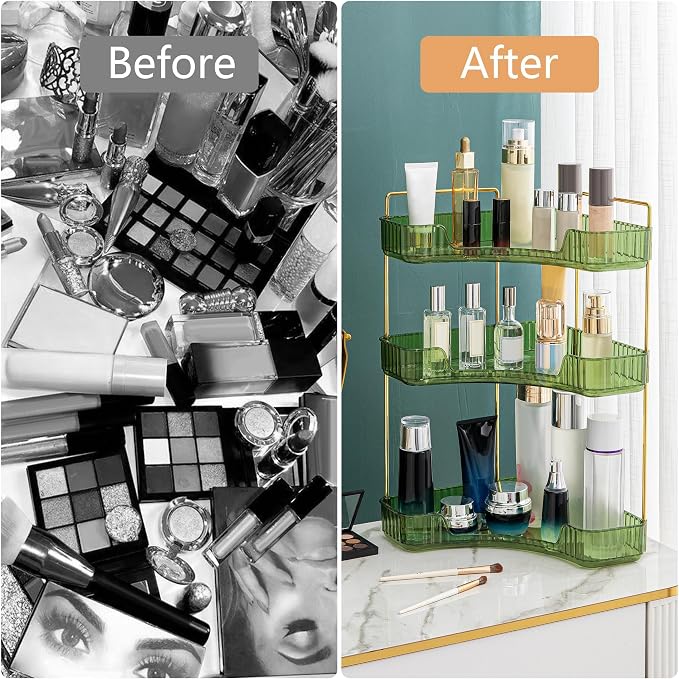 Corner Bathroom Counter Organizer Bathroom Countertop Shelf Makeup Organizer for Vanity Perfume Tray for Corner Storage (3 Tiers, Green)