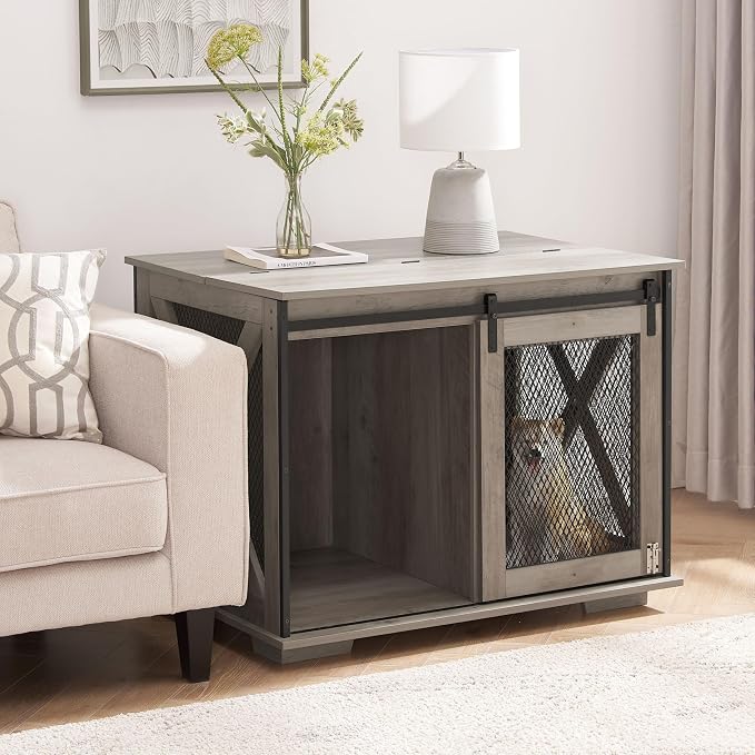 28" H Farmhouse Style Wooden Dog Crate with Sliding Barn Door - Functional End Table Dog Kennel for Small, Medium and Large Dogs, Featuring Flip-top Plate and Detachable Divider (Gray wash)