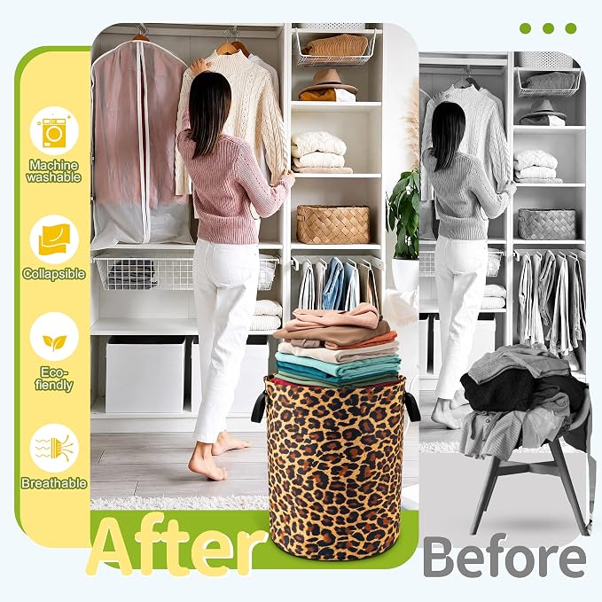 Brown Leopard Laundry Basket Foldable Waterproof Hamper 18.9 x 16.5 Inch | Oxford Cloth With Reinforced Handles Lining Design Large-Capacity Storage For Bathrooms/Laundry Rooms/ Living Rooms/Bedrooms
