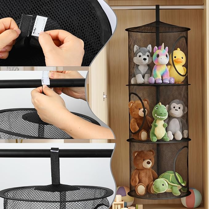 2Pcs Hanging Stuffed Animal Storage Hammock Net 3 Tiers, Black | Hanging Mesh Storage Organizer for Kids Room, Holds Plushies, Gloves, Hats, Socks, Foldable Space-saving Design