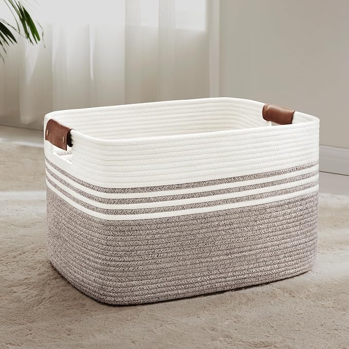 72L Woven Laundry Basket Hamper with Leather Handles,Dark Brown | collapsible wicker hamper, storage for dirty clothes, toys, blankets, gifts, living room, bedroom, bathroom, 22"x17"x12"