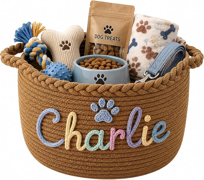 JUPPE Pet Dog Basket with Personalized Name, Dog Toys Storage Organizer Custom Cotton Rope Basket Nursery Decor (Custom Cat Basket)