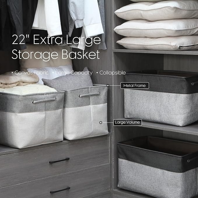 Sea Team Oversized Rectangle Canvas Open-Top Storage Baskets, 3-Pack | Collapsible Fabric Storage Bins with Handles, Closet Shelf Organizers, 22 x 15 x 13 Inches, Ash Gray & Gray