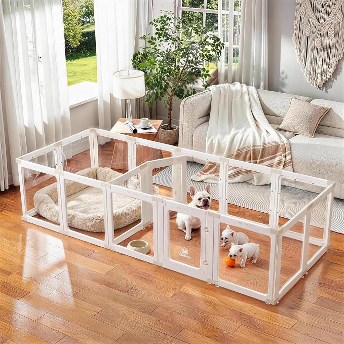 Acrylic Dog Playpen Indoor for Small Dogs & Puppies | 2 Rooms Clear Pet Playpen, Easy Clean & Assemble, Modern No-Bar Design, Escape-Proof & Sturdy, 23.6", 16 Panels, White