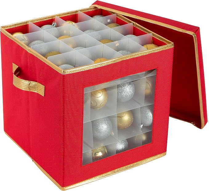 Simplify 64 Count Large Storage Box | Dimensions : 12.01 x 12.01 x 12.01 | Stackable Dividers | Holds up to 64 Ornaments | Red | Easy Carry Handles | Collapsible | Christmas Organization