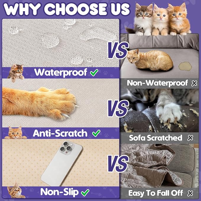 Loiion Cat Scratch Proof Furniture Protector Waterproof Sofa Cover 150"x91" | Pet-Friendly Couch Protector, Anti-Scratch & Anti-Slip Sofa Cover For Cats Dogs Kids, Machine Washable