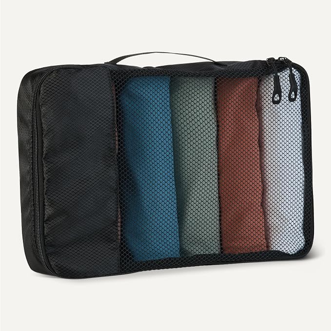 Amazon Essentials 4-Piece Packing Cubes Travel Accessories Set, Luggage Organizer with Double Zipper, Mesh Top, Space-Saving, Medium, Black (Previously Amazon Basics)